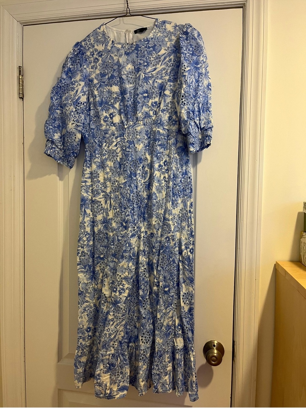 Blue and White Floral Midi Dress - Puff Sleeve